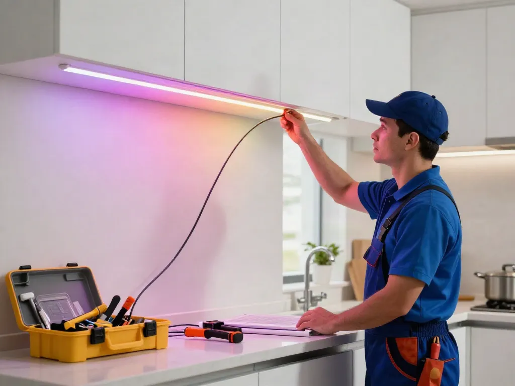 Banda LED COB utilizată de un profesionist în servicii de iluminat pentru un ambient modern și economic.