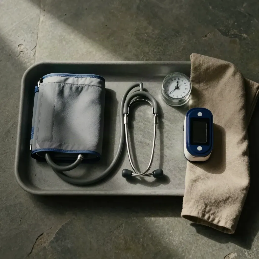 Overhead preventive checkup tools on stone: cuff, stethoscope, pulse oximeter and glass timer.