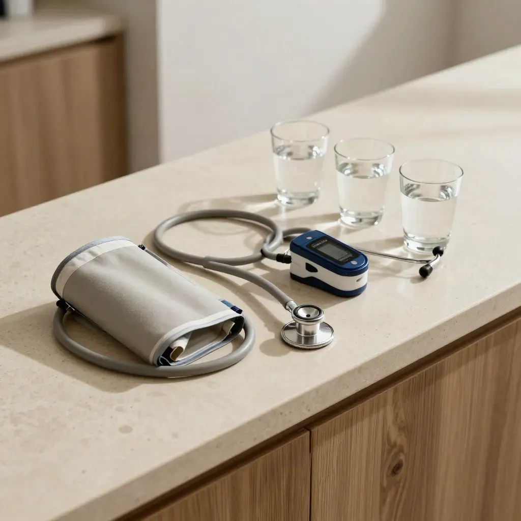 Clinic checkup tools and three water glasses neatly arranged on a pale stone counter.