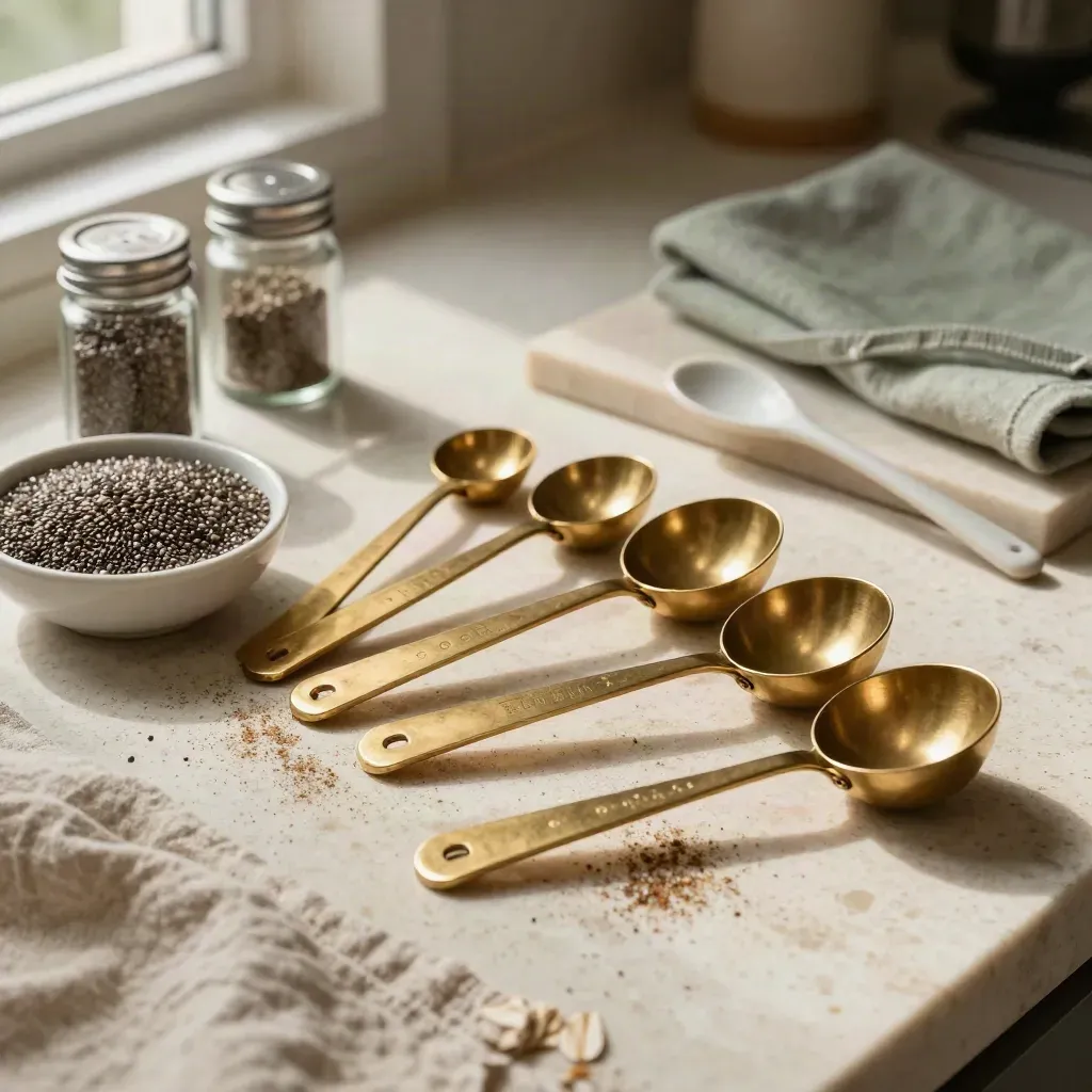 Brass measuring spoons, chia seeds, spice jars and a ceramic spoon on linen.