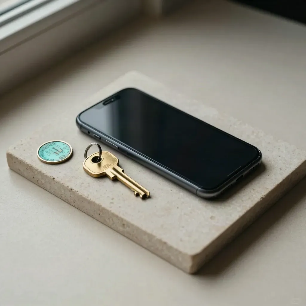 Overhead still life of a smartphone, brass key and transit token on a stone tray.