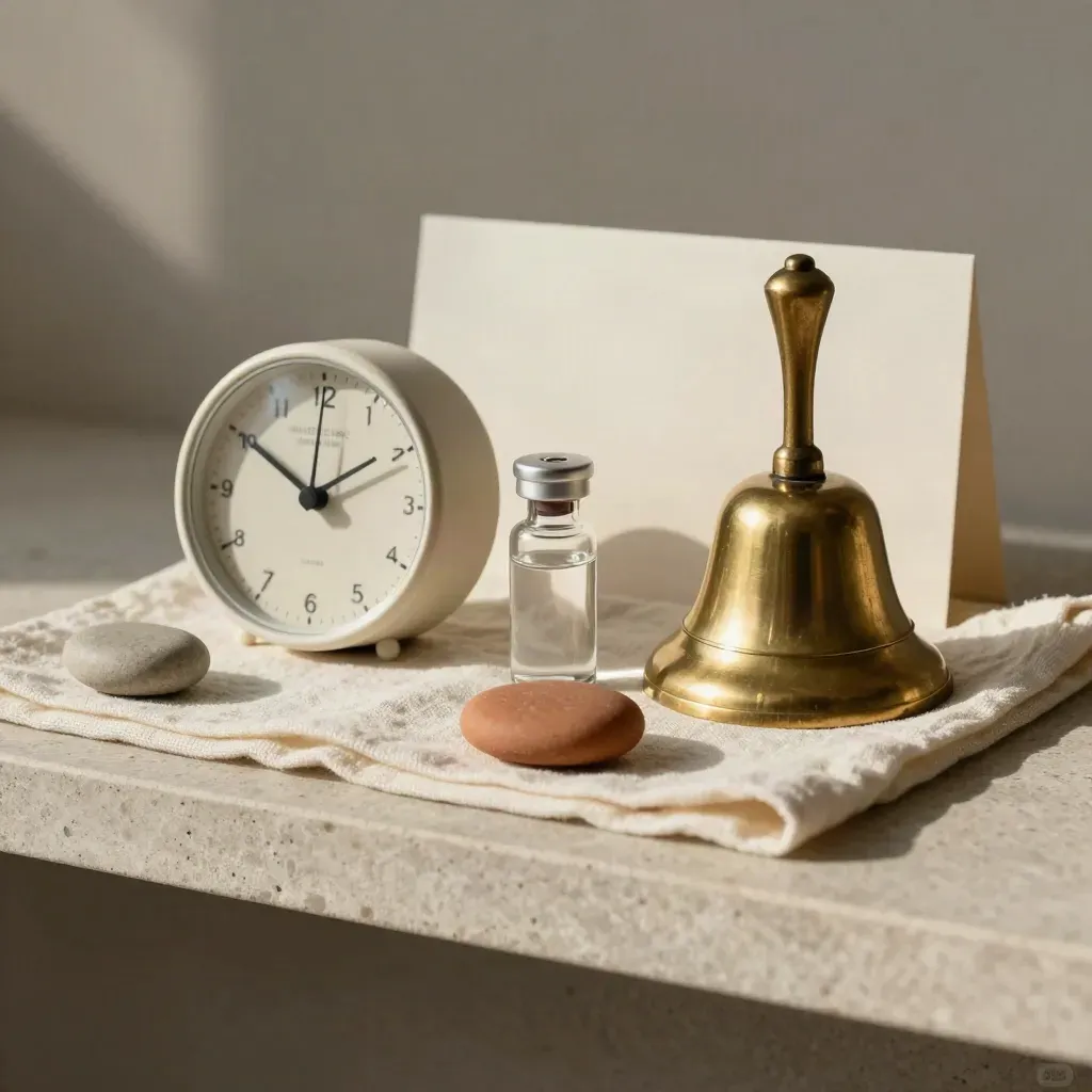Brass bell, timer, refill vial and ceramic stones on ivory linen shelf
