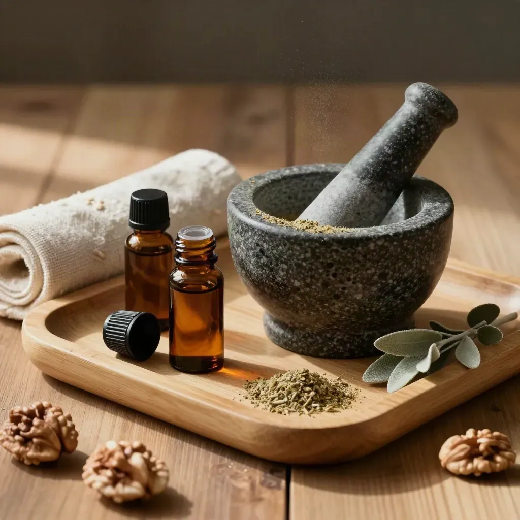 Mortar, amber tinctures, linen towel and bamboo tray on warm wood with soft sage dust