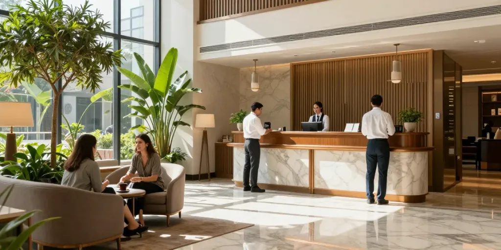Welcoming lobby scene at ROKOK88 hotel with friendly staff and relaxing atmosphere.